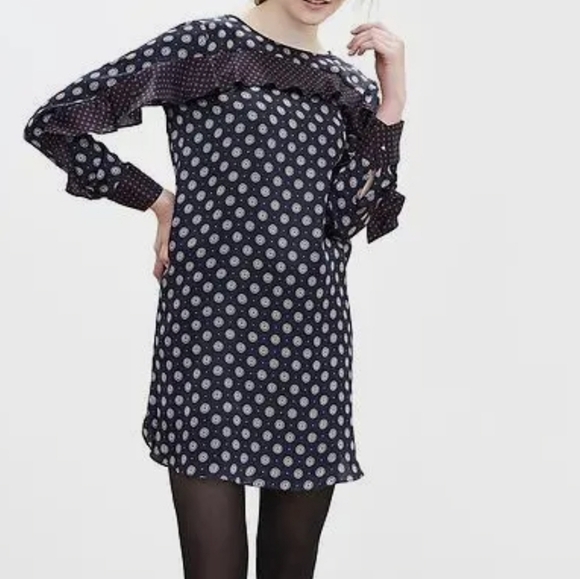 Banana Republic Foulard Silk Ruffle Dress Navy Size L - Picture 13 of 15